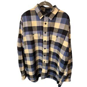 L.L.Bean Mens Chamois Cloth Shirt XL Reg Plaid Blue/Beige/Navy 100% Cotton Casua